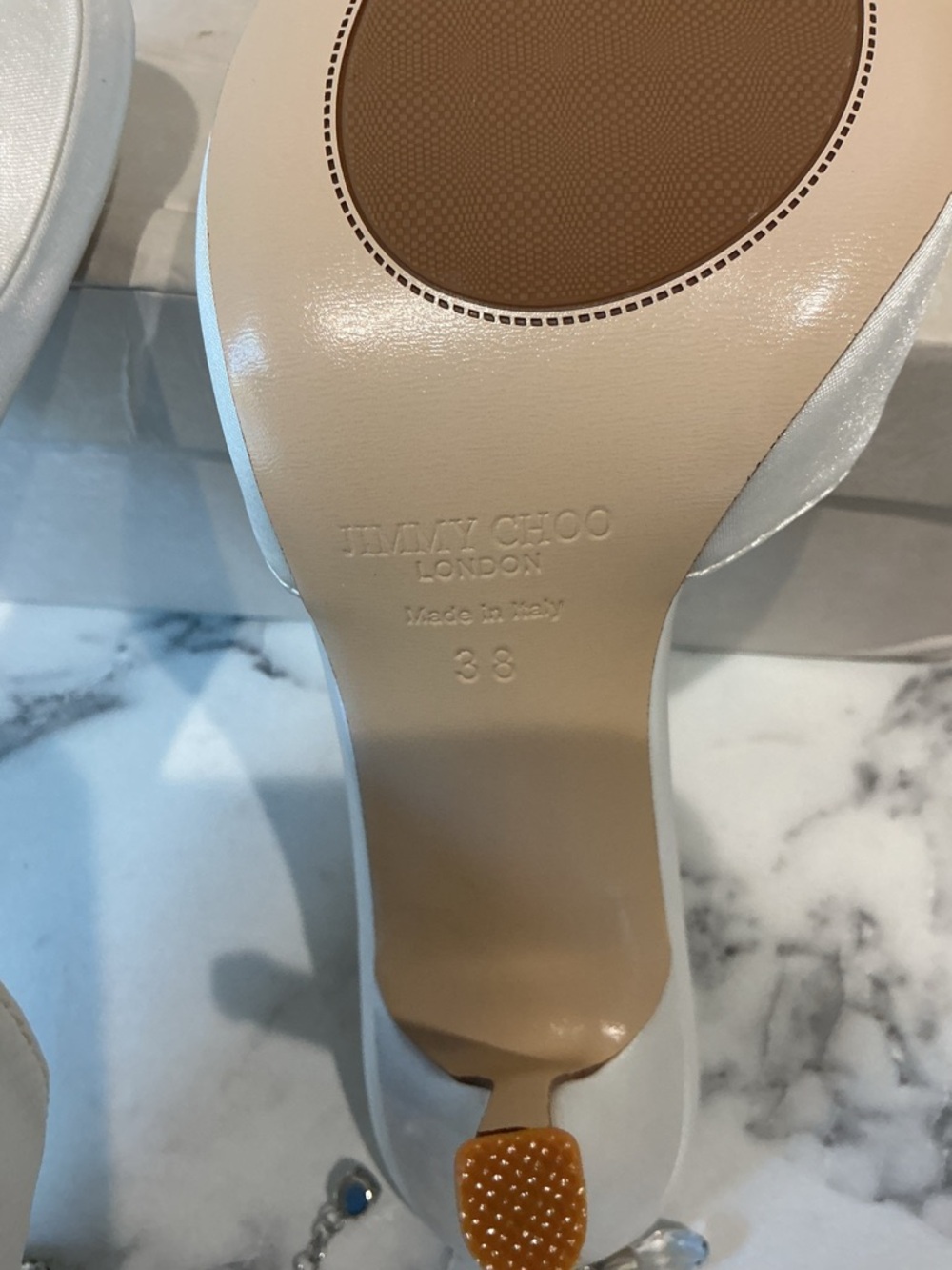 Jimmy Choo Ivory Satin Pointed Toe Crystal-Strap Slingbacks - Picture 3 of 5